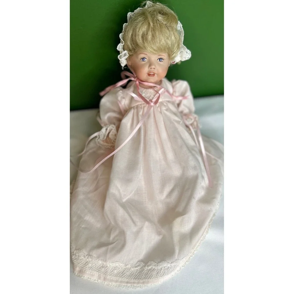 Vintage Porcelain Baby Doll Pink Lace Gown Bonnet Hand Painted Blue Eyes Blonde
